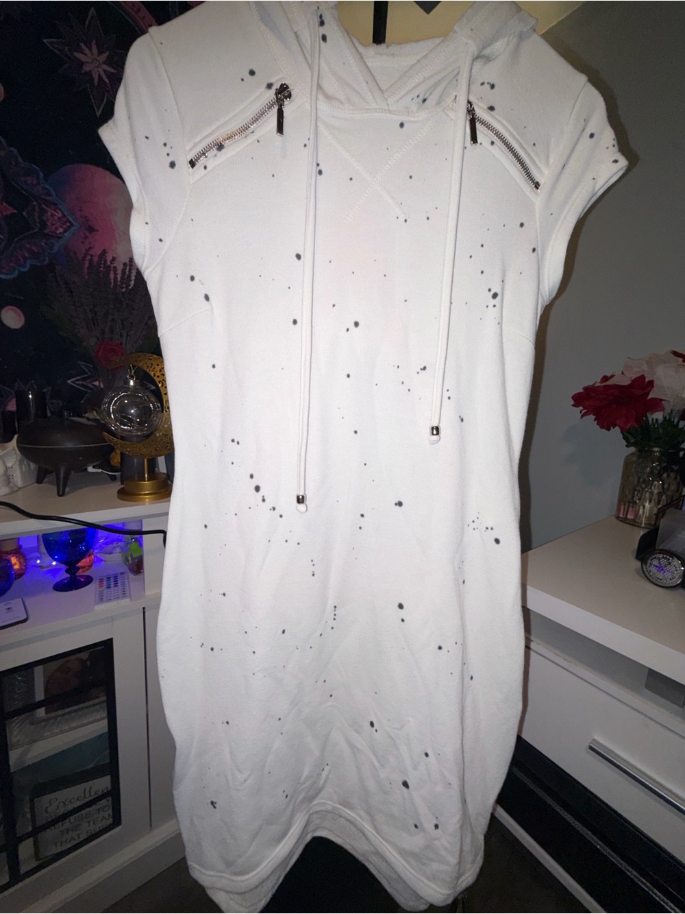 White Speckled Hoodie Dress with Zipper Detail